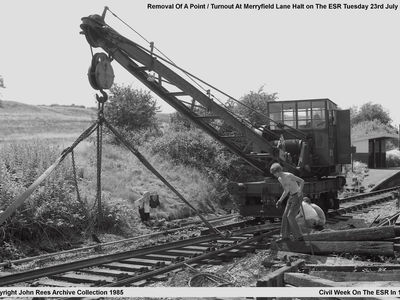23rd July 1985. Ex MOD diesel crane being utilised for track maintenance.